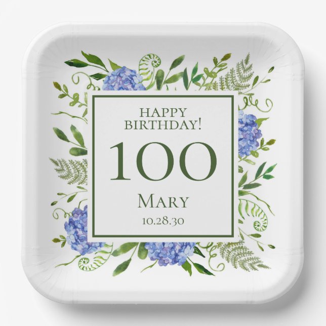 100th Birthday Blue Hydrangeas Paper Plates (Front)