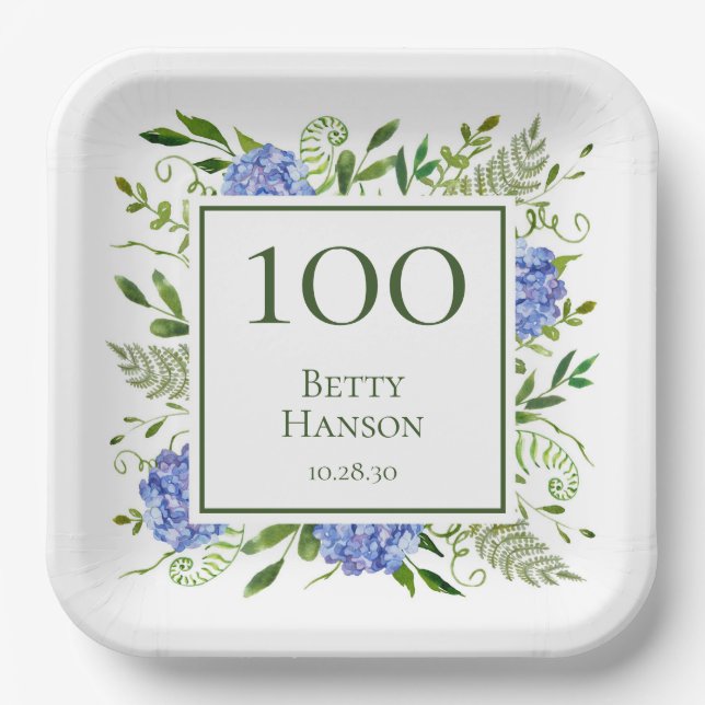 100th Birthday Blue Hydrangeas Paper Plates (Front)
