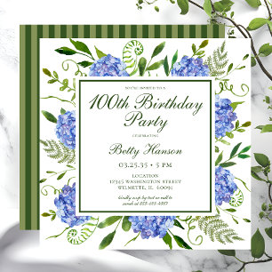 100th Birthday Blue Hydrangeas Script Invitation