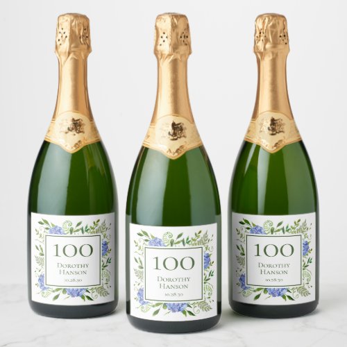 100th Birthday Blue Hydrangeas Sparkling Wine Label