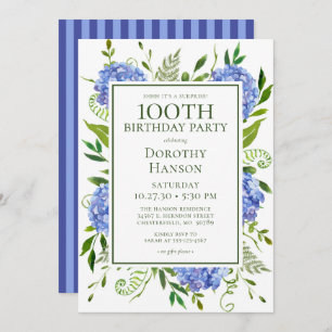 100th Birthday Blue Hydrangeas Surprise Party Invitation