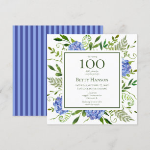 100th Birthday Blue Hydrangeas Surprise Party Invitation