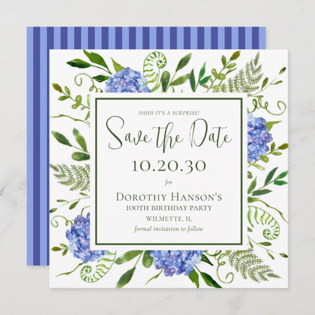 100th Birthday Blue Hydrangeas Surprise Party Save The Date (Front/Back)