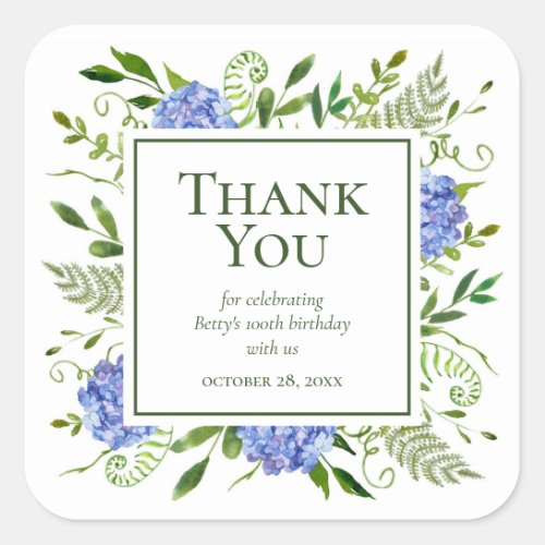 100th Birthday Blue Hydrangeas Thank You Square Sticker