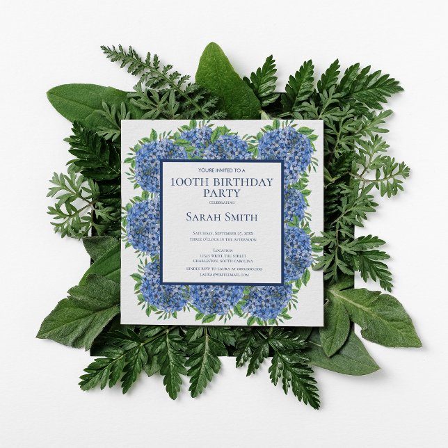100th Birthday Blue Hydrangeas Watercolor Party In Invitation (Creator Uploaded)