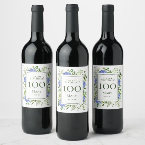 100th Birthday Blue Hydrangeas Wine Label