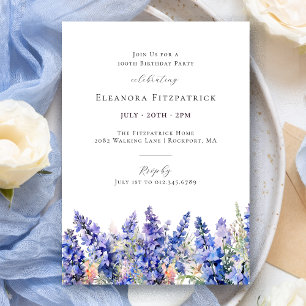 100th Birthday Blue Larkspur July Birth Flower Invitation