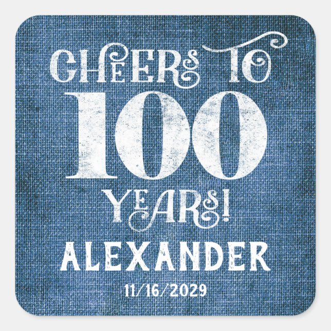 100th Birthday Blue Linen Thank You Favor Stickers (Front)