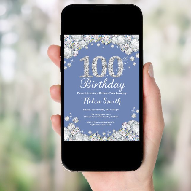100th Birthday Blue Silver Diamond Invitation (Front Digital)