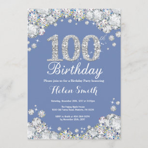 100th Birthday Blue Silver Diamond Invitation