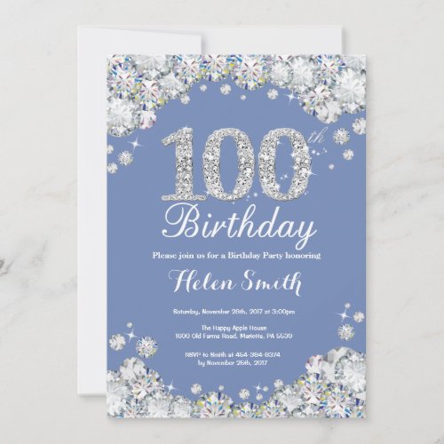 100th Birthday Blue Silver Diamond Invitation
