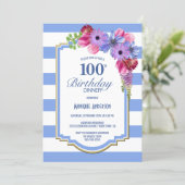 100th Birthday Blue Striped Floral Dinner Party Invitation (Standing Front)