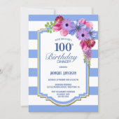 100th Birthday Blue Striped Floral Dinner Party Invitation (Front)