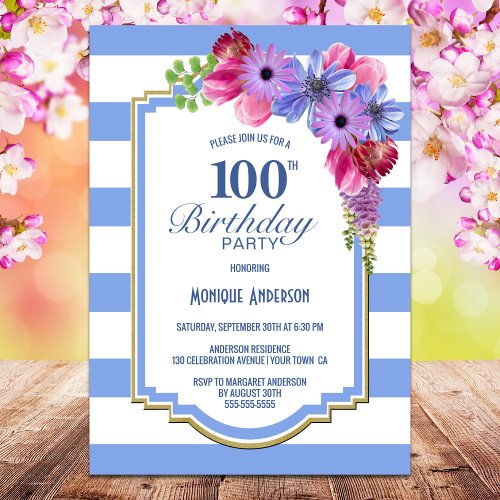 100th Birthday Blue Striped Floral Party Invitation