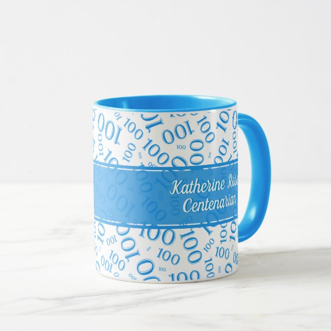 100th Birthday Blue & White Random Number Pattern Mug (Front Right)