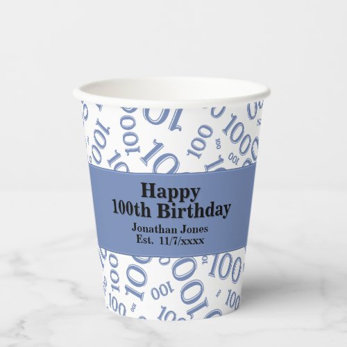 100th Birthday BlueWhite Random Number Pattern  Paper Cups