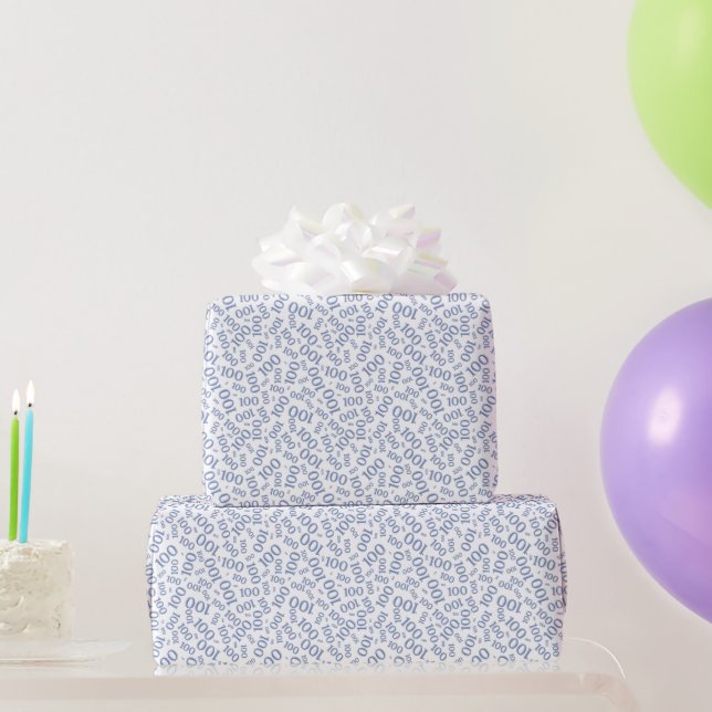 100th Birthday Blue/White Random Number Pattern Wrapping Paper (Party Gifts)