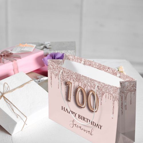 100th birthday blush pink glitter drips rose gold large gift bag