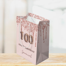 100th birthday blush pink glitter drips rose gold medium gift bag