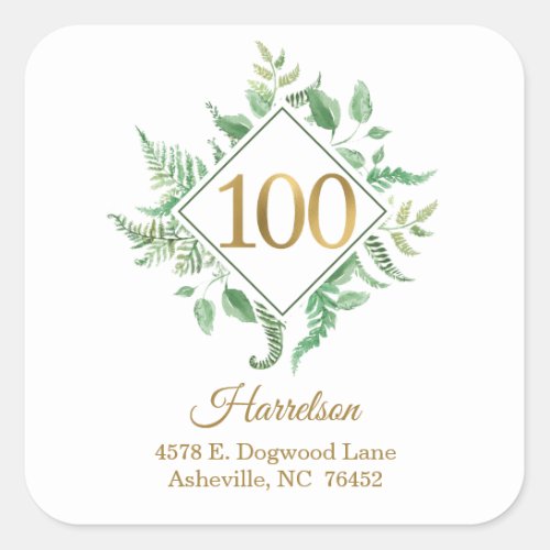 100th Birthday Botanical Return Address Square Sticker
