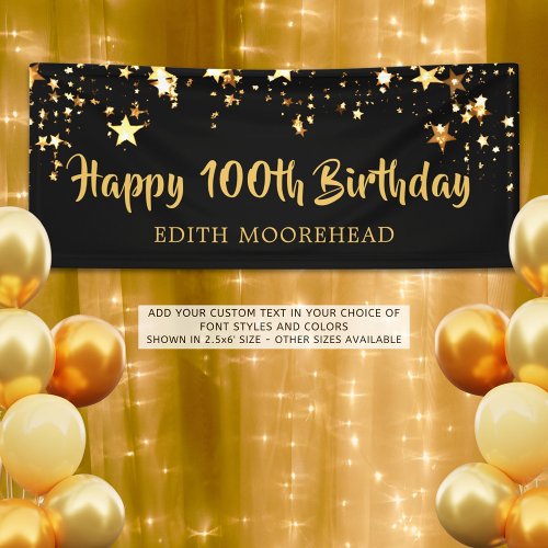 100th Birthday Brush Script Black Gold Stars Banner