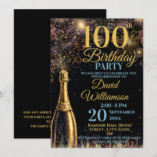 100th Birthday Bubbly Fireworks Gold Blue Invitation