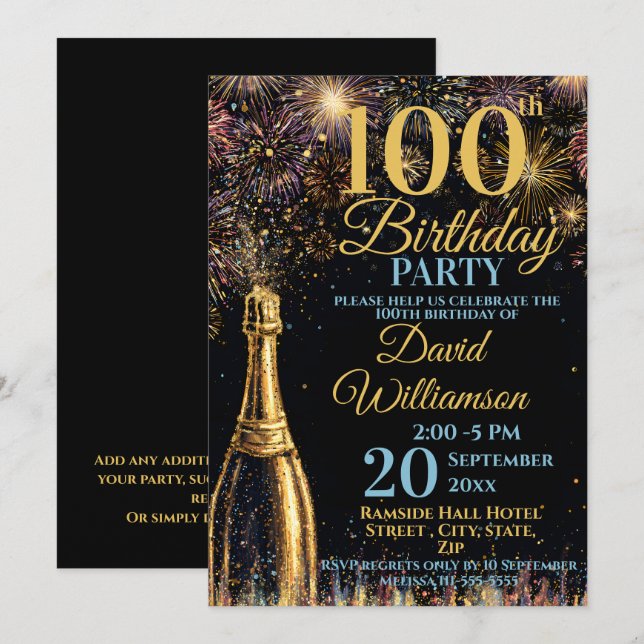 100th Birthday Bubbly Fireworks Gold Blue Invitation (Front/Back)