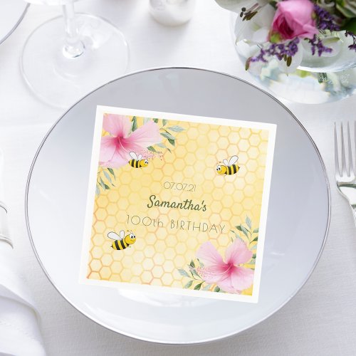 100th Birthday bumble bees honeycomb yellow floral Napkins