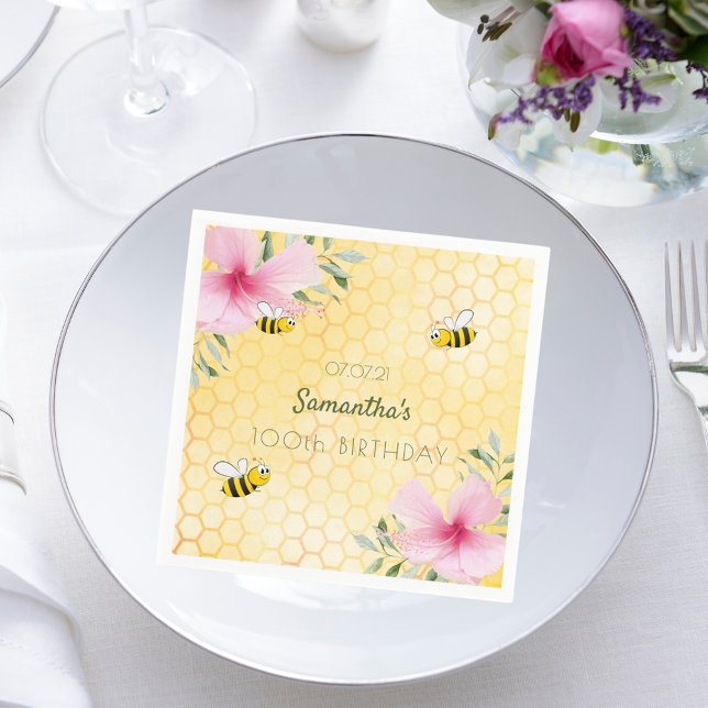 100th Birthday bumble bees honeycomb yellow floral Napkins (Creator Uploaded)