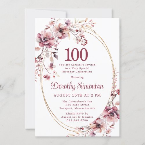 100th Birthday Burgundy Blush Pink Wildflower Invitation