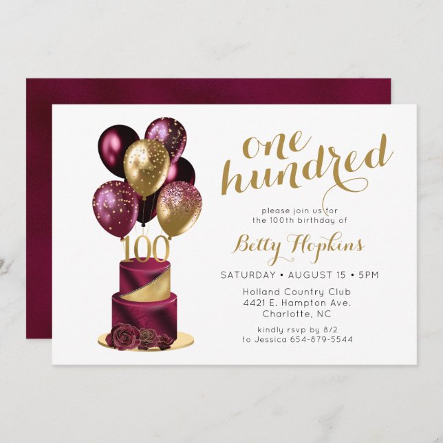100th Birthday Burgundy Cake Invitation (Front/Back)
