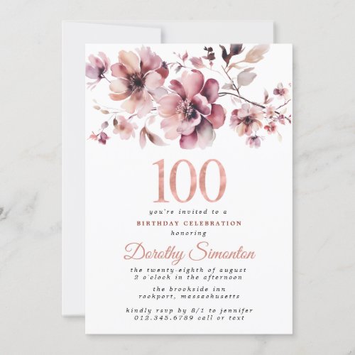 100th Birthday Burgundy Dusty Blush Pink Floral Invitation
