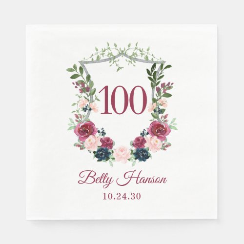 100th Birthday Burgundy Floral Crest Napkins