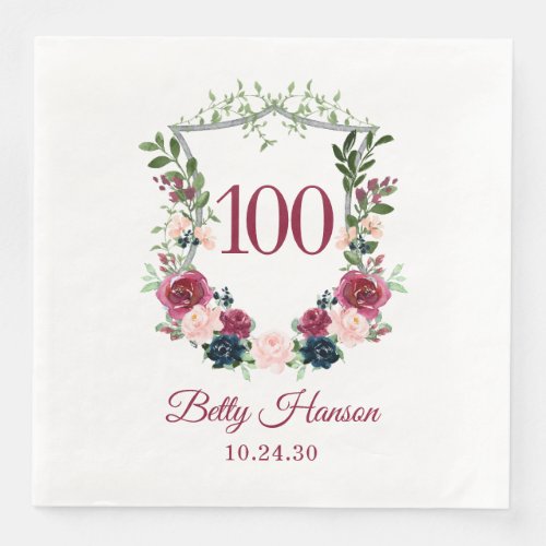 100th Birthday Burgundy Floral Crest Paper Dinner Napkins