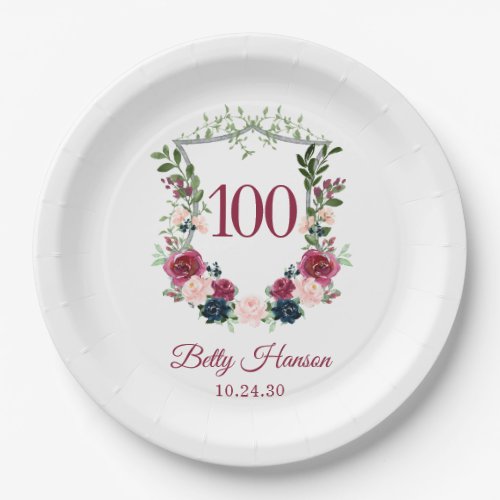 100th Birthday Burgundy Floral Crest Paper Plates