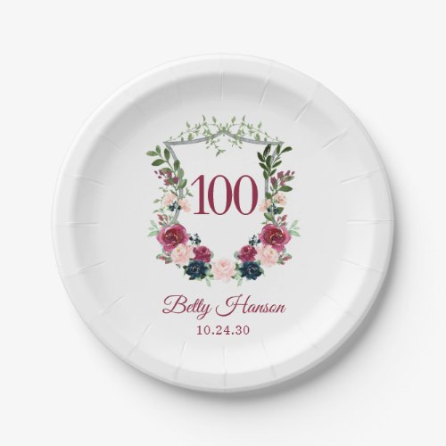 100th Birthday Burgundy Floral Crest Paper Plates