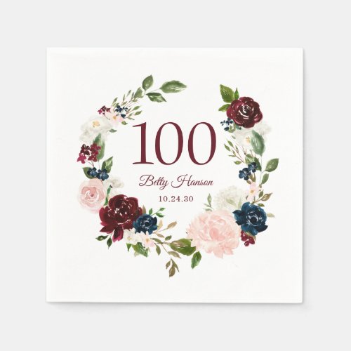 100th Birthday Burgundy Floral Napkins