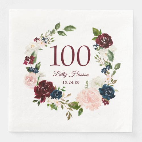 100th Birthday Burgundy Floral Paper Dinner Napkins