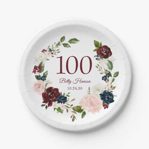 100th Birthday Burgundy Floral Paper Plates