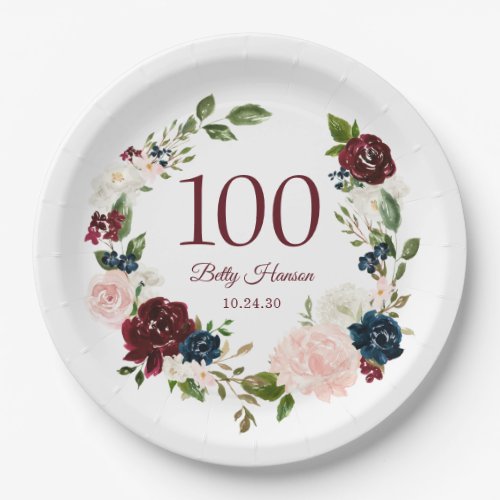 100th Birthday Burgundy Floral Paper Plates