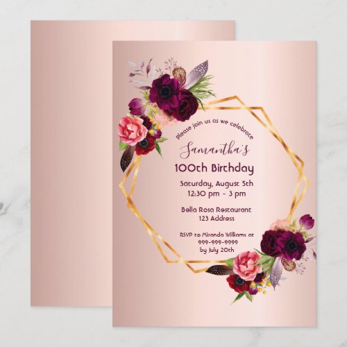 100th birthday burgundy floral rose gold geometric invitation