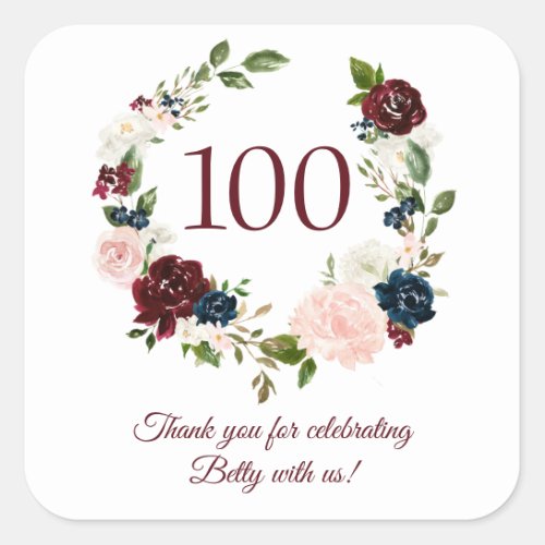 100th Birthday Burgundy Floral Thank You  Square Sticker
