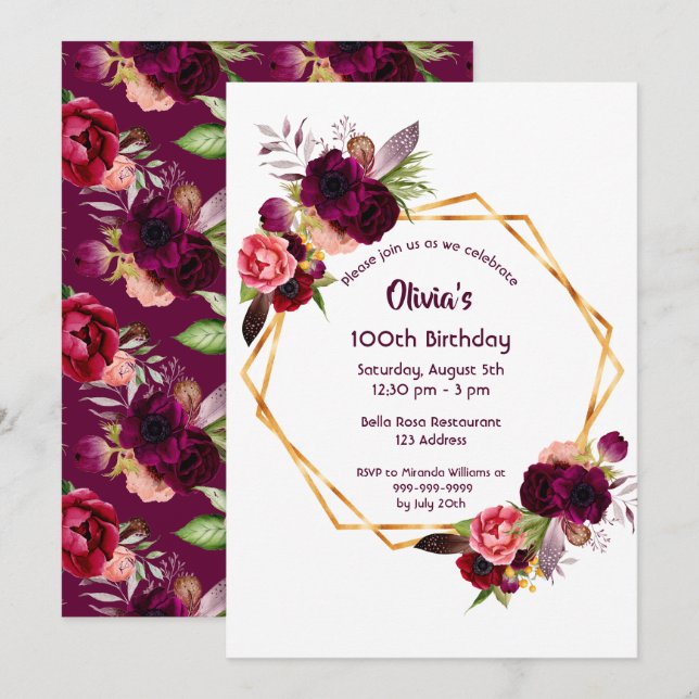100th birthday burgundy florals gold geometric invitation (Front/Back)