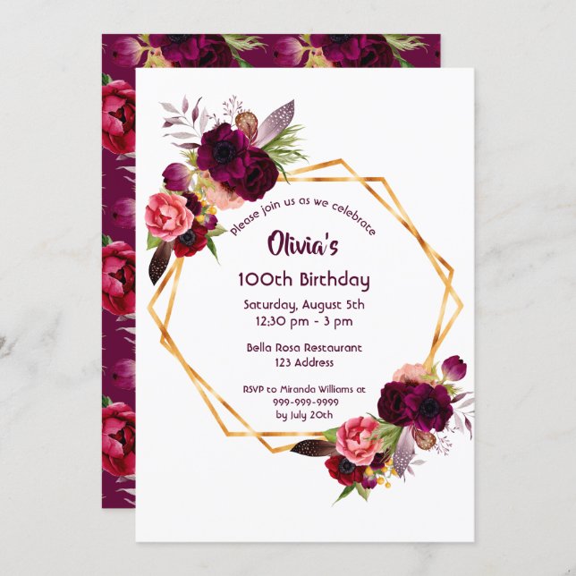 100th birthday burgundy florals gold geometric invitation (Front/Back)
