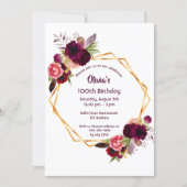 100th birthday burgundy florals gold geometric invitation (Front)