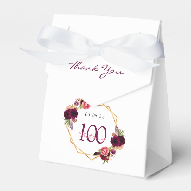 100th Birthday burgundy geometric floral white Favor Boxes (Front Side)