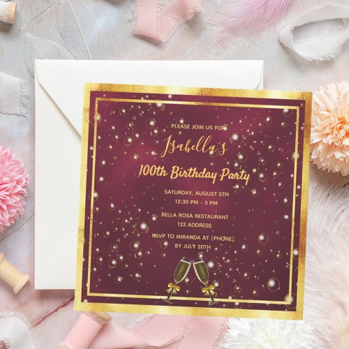 100th birthday burgundy gold  bubbles invitation