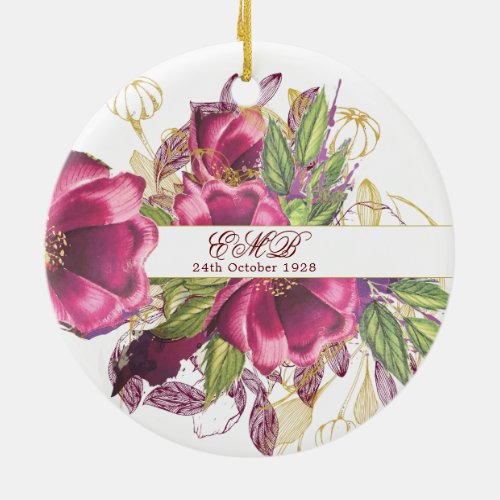 100th Birthday Burgundy Gold Floral Elegant Chic Ceramic Ornament