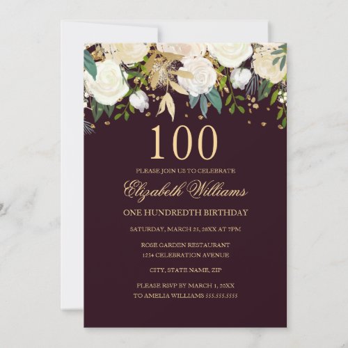 100th Birthday Burgundy Gold Floral Invitation