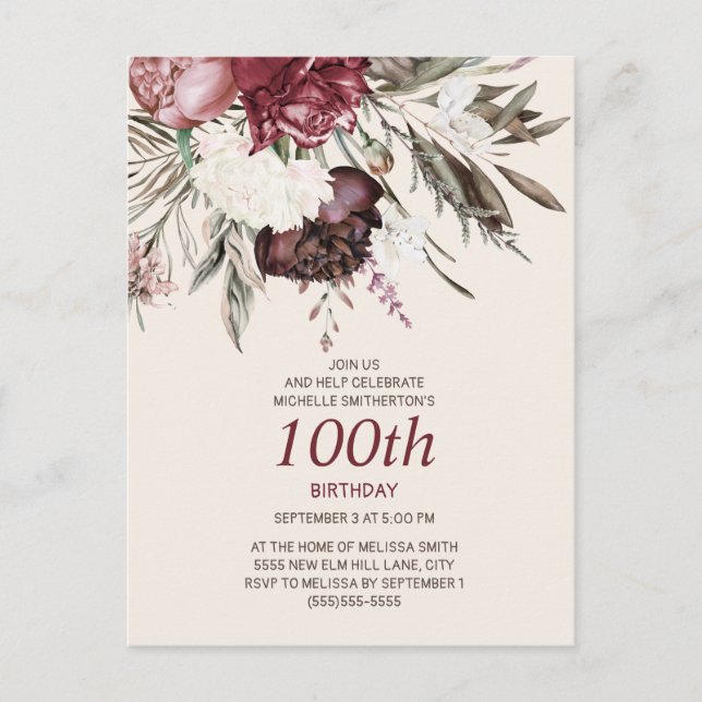 100th Birthday Burgundy Ivory Floral Cream Postcard (Front)